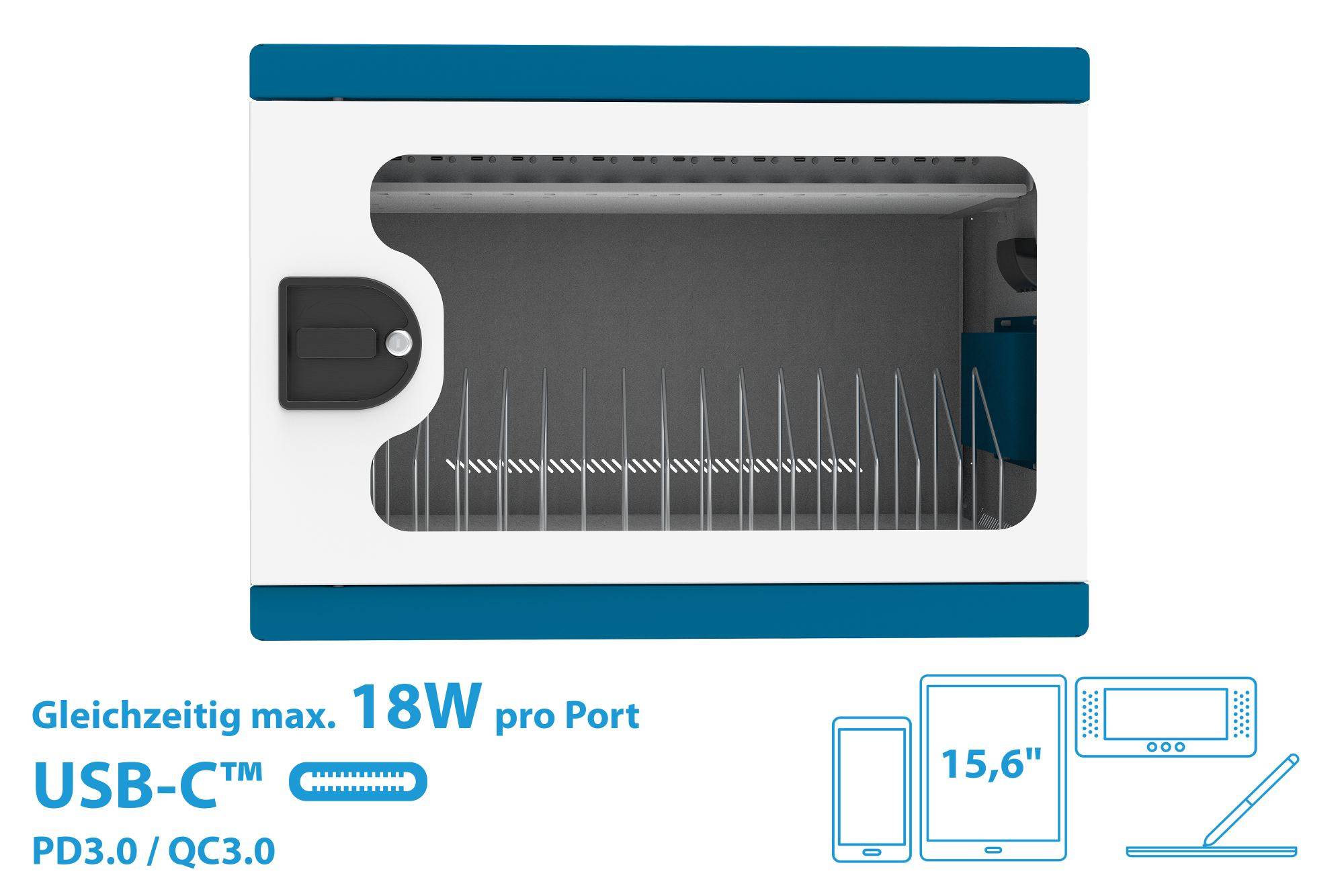 Good Connections® Ladeschrank/-wagen für 16 Geräte, USB-C™, 18W pro Port, PD 3.0, QC 3.0, weiß/blau