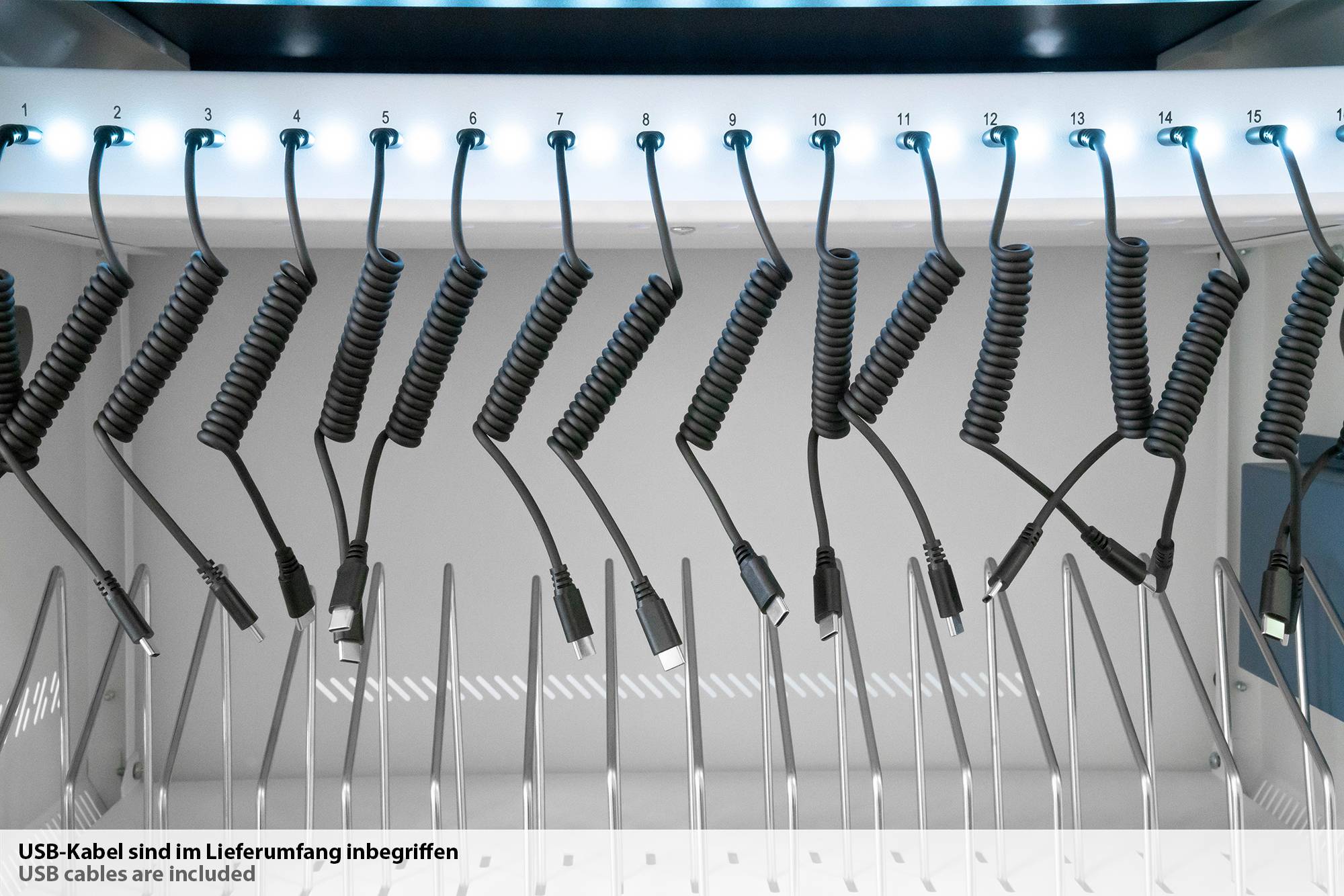 Good Connections® Ladeschrank/-wagen für 16 Geräte, USB-C™, 65W pro Port, PD 3.0, QC 3.0, weiß/blau