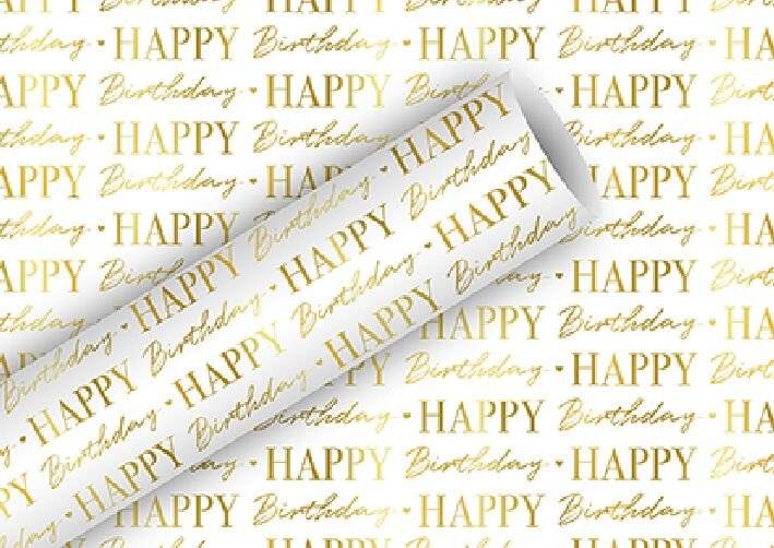 Geschenkpapier Rolle 150x70cm Graphic Birthday gold weiss