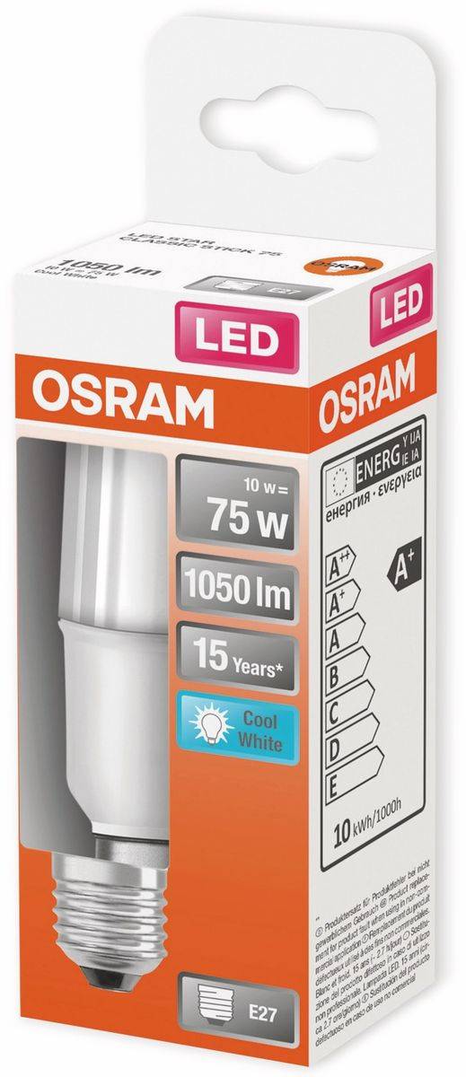 OSRAM 4058075428485 LED EEK E (A - G) E27 Kolbenform 9 W = 75 W Kaltweiß (Ø x L) 36 mm x 116 mm 1 St.