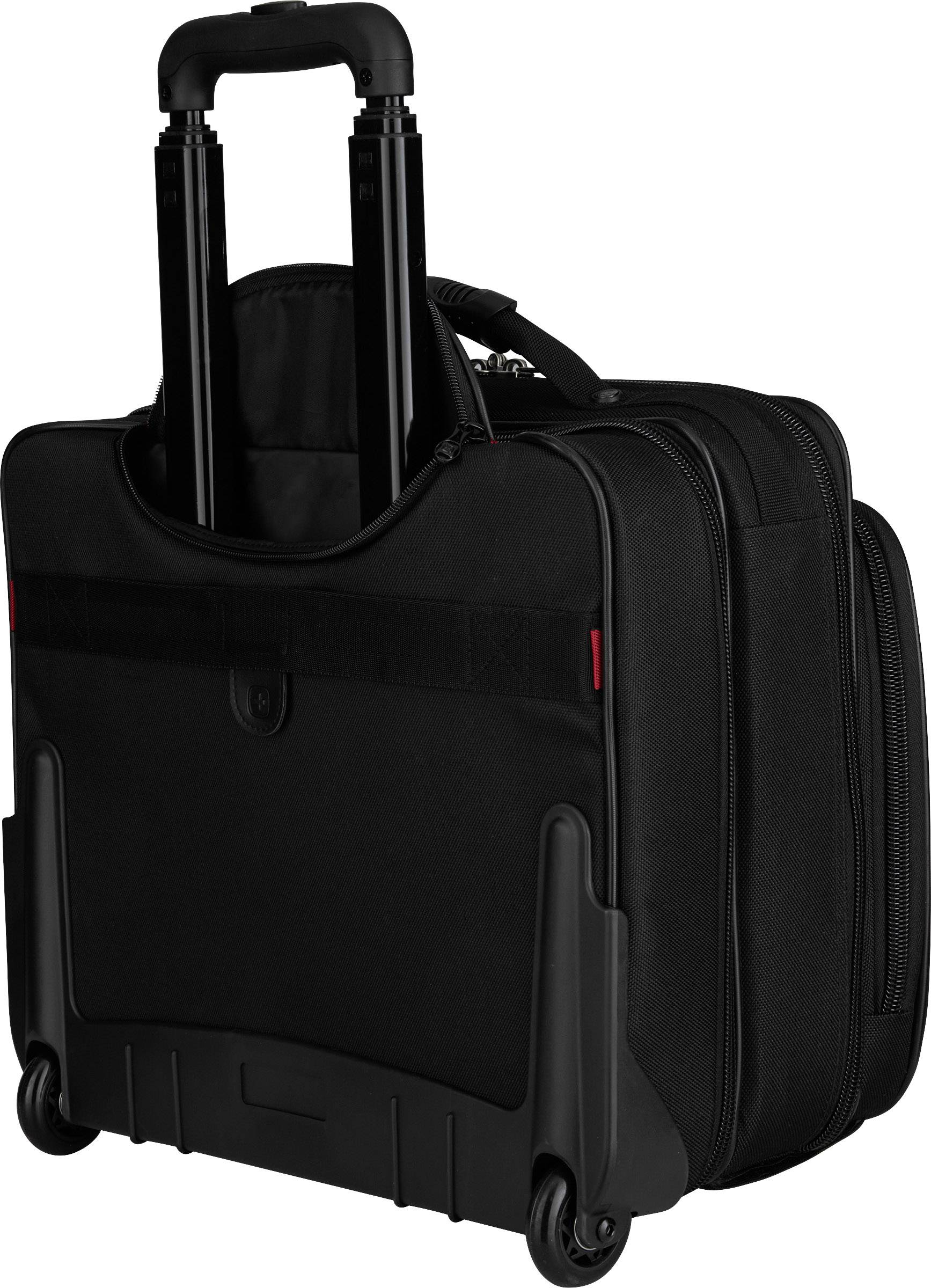 Schwarzer Rollkoffer mit zwei Rollen und einem ausziehbaren Griff. Geeignet für Geschäftsreisen und leicht transportierbar.