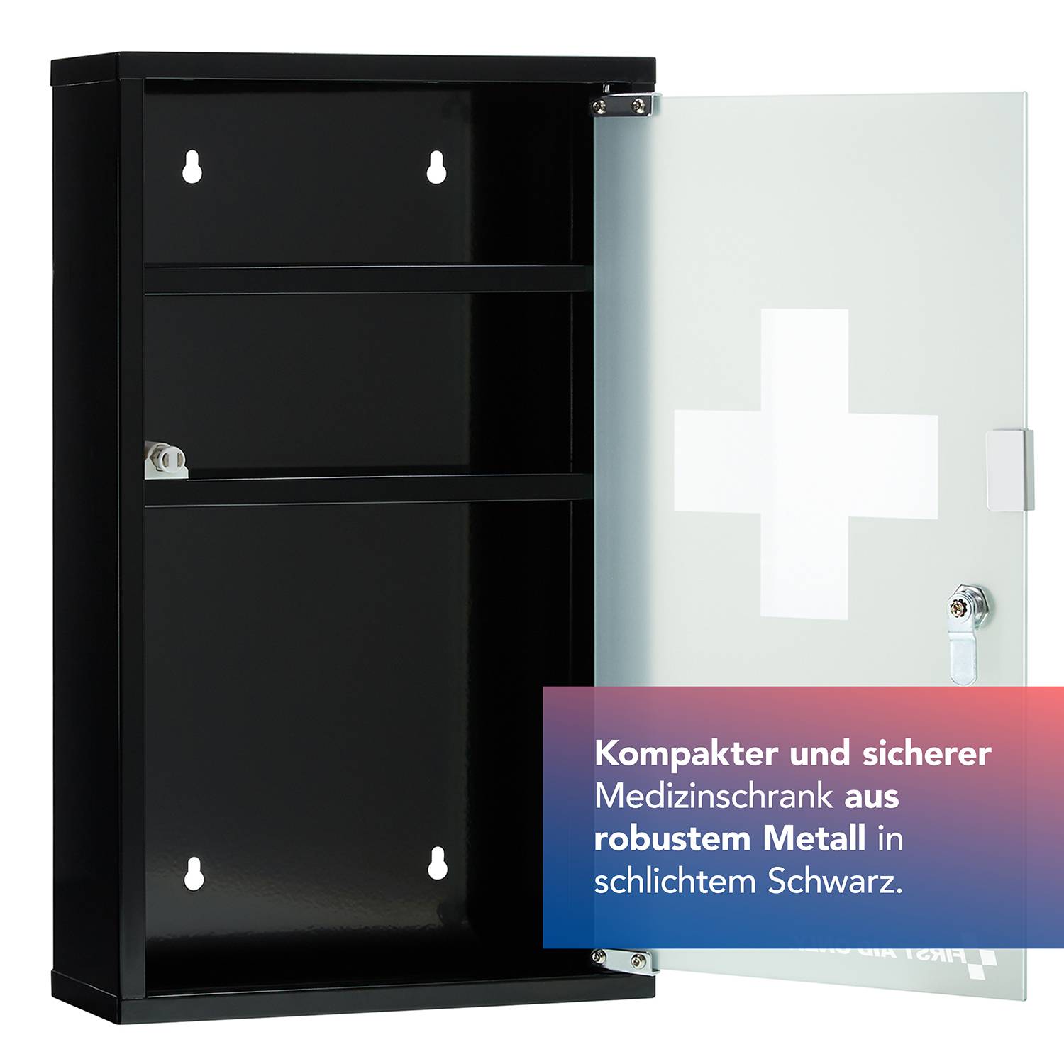 First Aid Only Medizinschrank Schwarz mit Glastür und 3 Fächern
