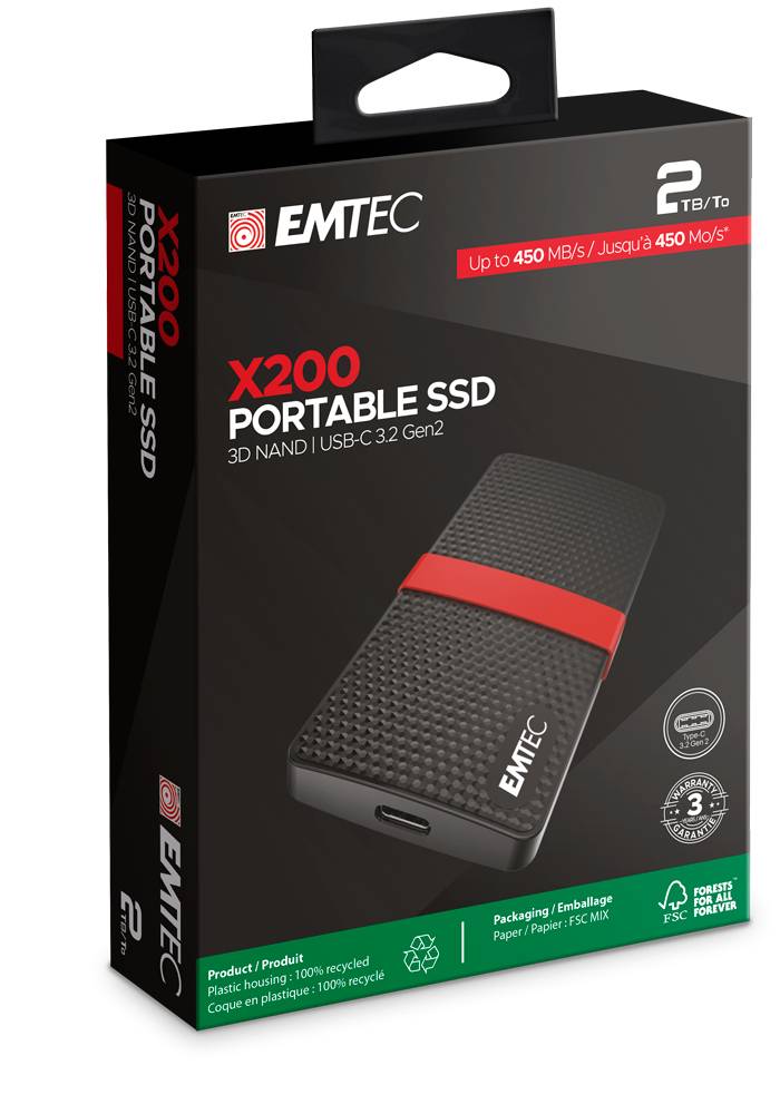 EMTEC X200 - SSD - 2 TB - extern (tragbar) - USB 3.2 Gen 1 (USB-C Steckverbinder)