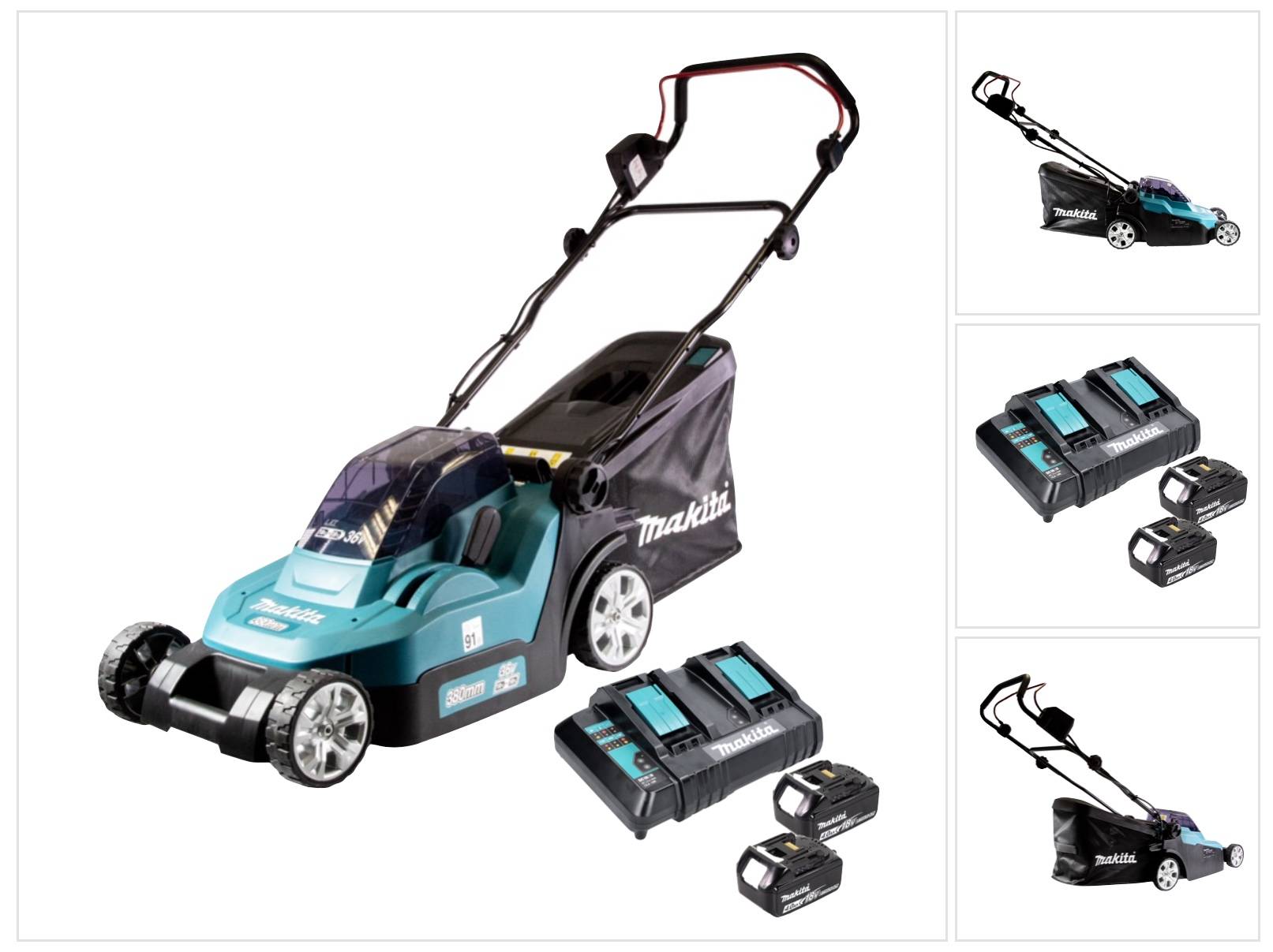 Makita DLM 382 CM2 Akku Rasenmäher 36 V ( 2x 18 V ) 38 cm 40 l + 2x Akku 4,0 Ah + Doppelladegerät