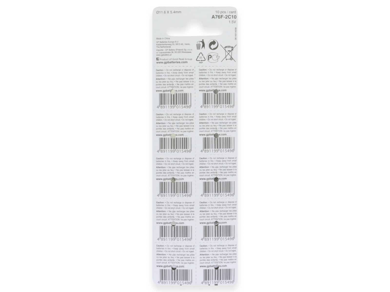 GP Knopfzelle LR 44 1.5 V 10 St. 110 mAh Alkali-Mangan GP76ASTD496C10