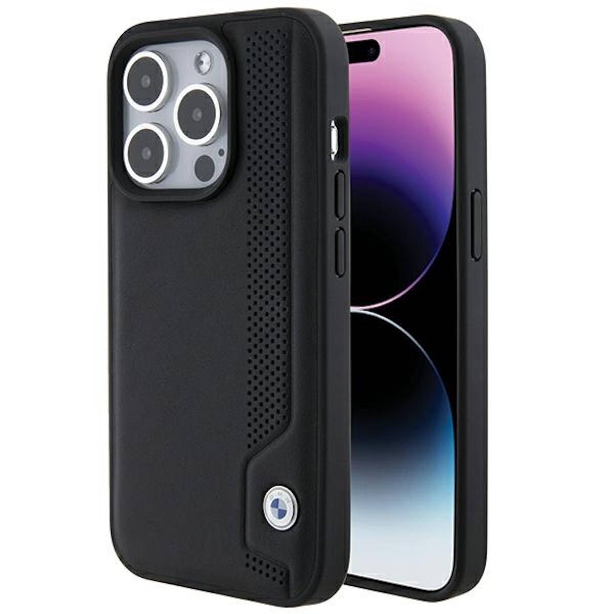 BMW Leder Blue Dots iPhone 15 Pro Max Hülle - Schwarz