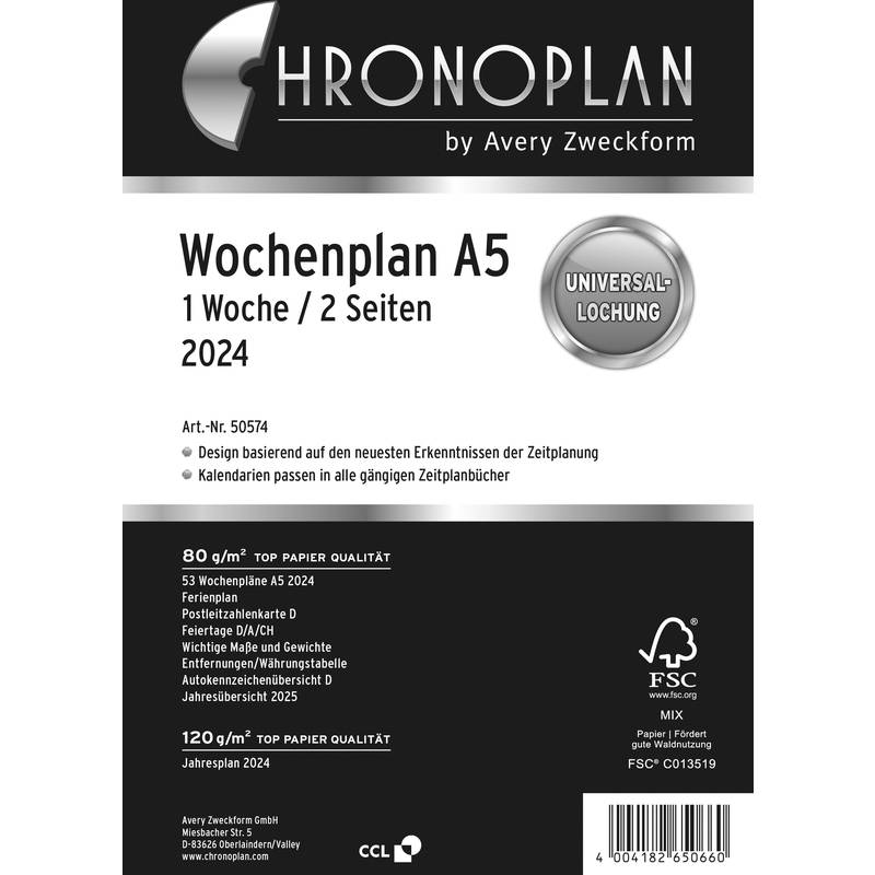 Wochenplan A5 1 Woche/2 Seiten Kalendarium 2017 weiß