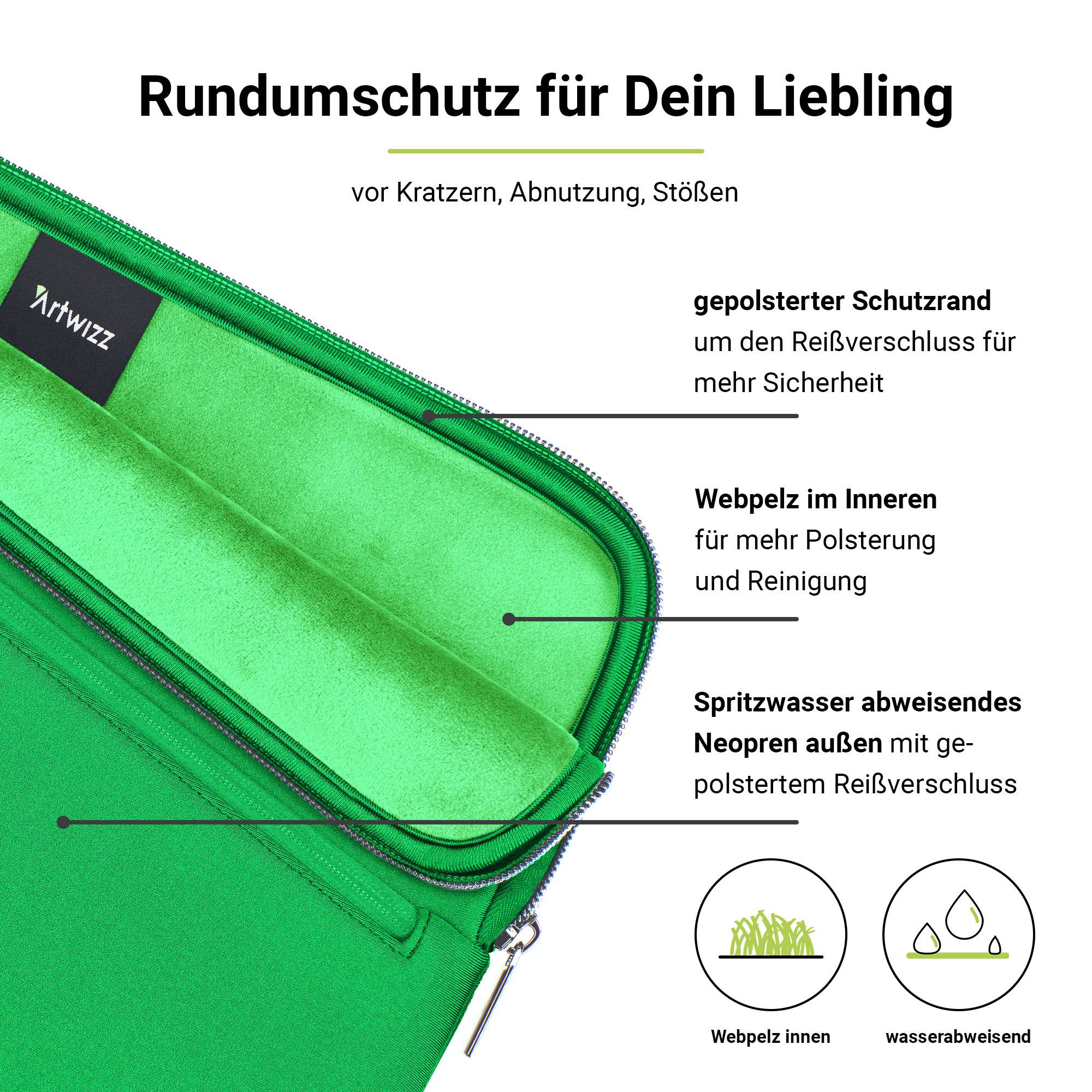 Artwizz Neoprene Sleeve PRO mit Zubehör-Fach für MacBook Air 13" (2018-2024) / Pro 13" (2016-2022), Grass Green