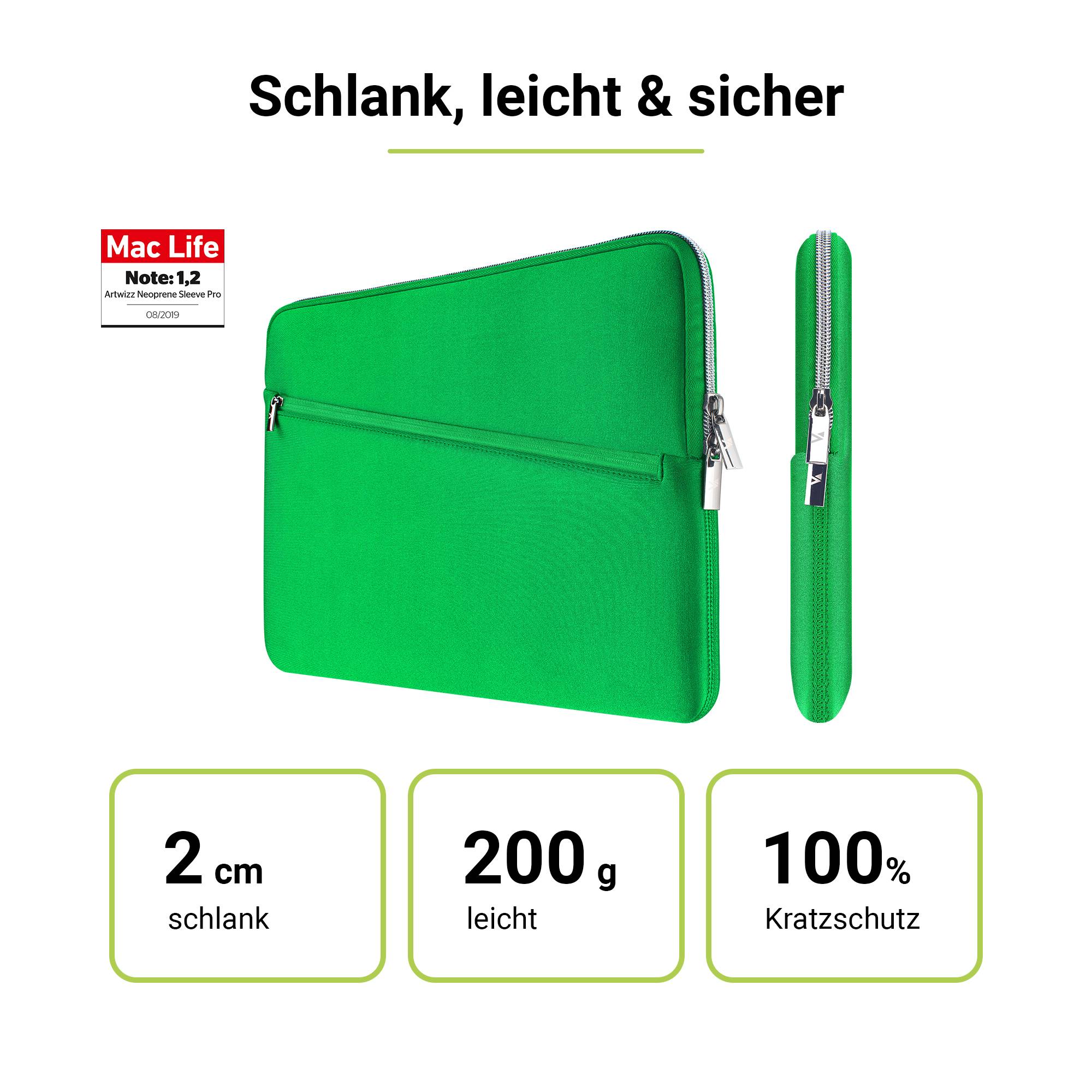 Artwizz Neoprene Sleeve PRO mit Zubehör-Fach für MacBook Air 13" (2018-2024) / Pro 13" (2016-2022), Grass Green