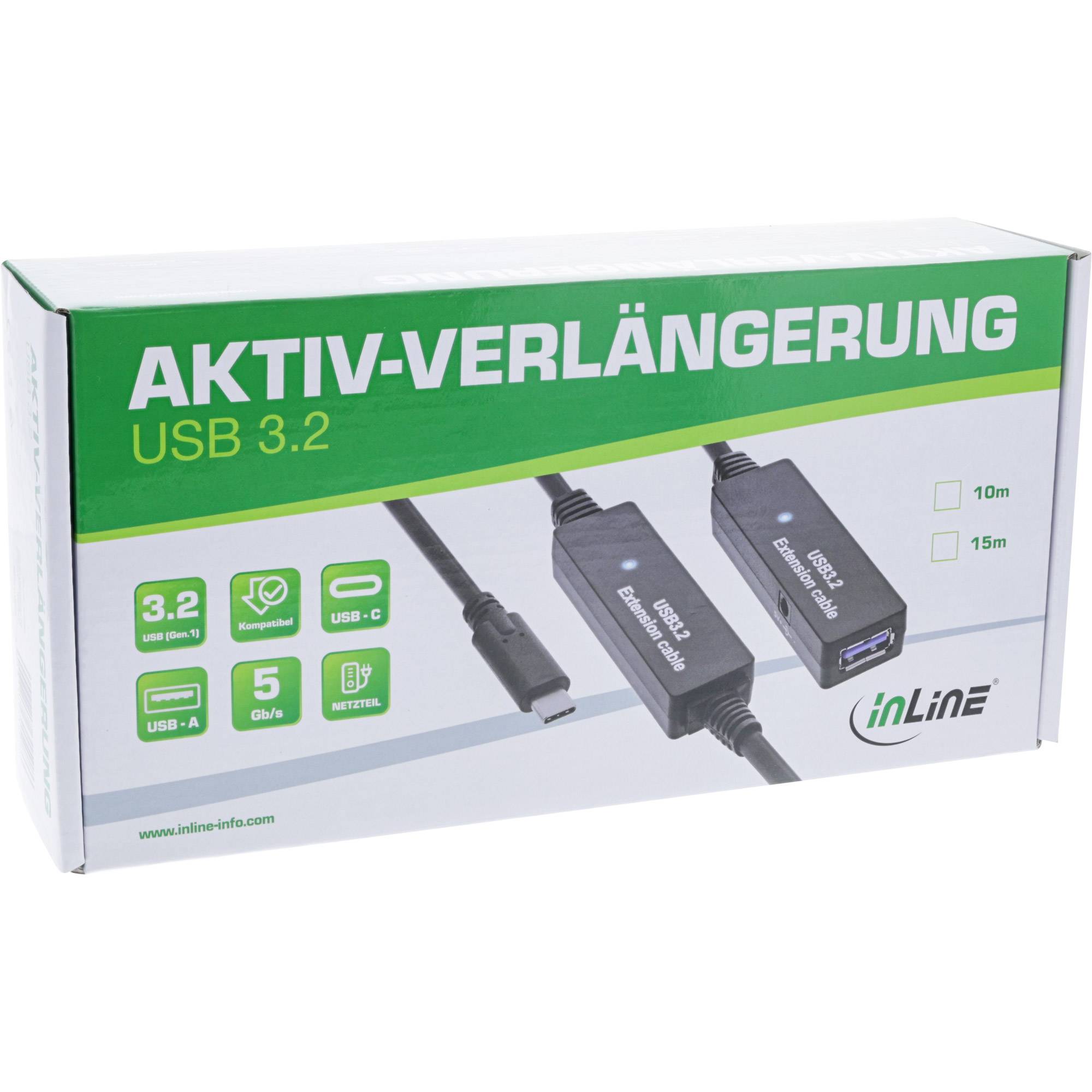 InLine® USB 3.2 Gen.1 Aktiv-Verlängerung, USB-C Stecker an USB-A Buchse, 15m Kabel USB &amp; Lightning