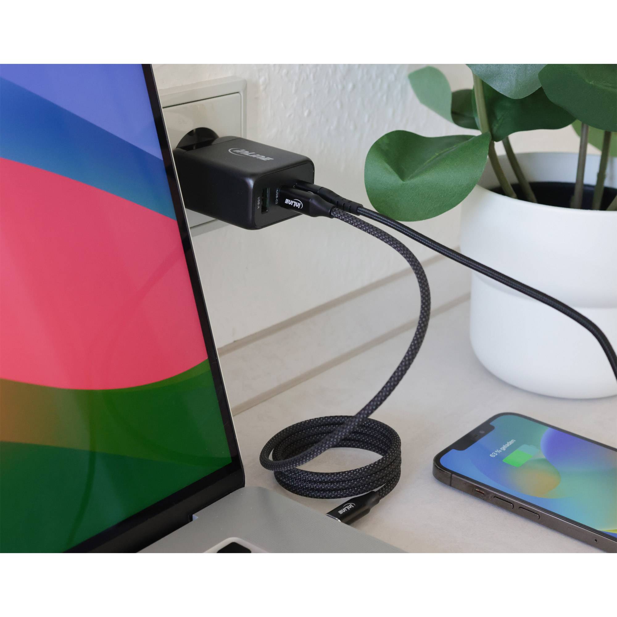 INLINE - USB PD Netzteil - GaN Ladegerät - 3-Port - Dual USB-C + USB-A - 65W - schwarz