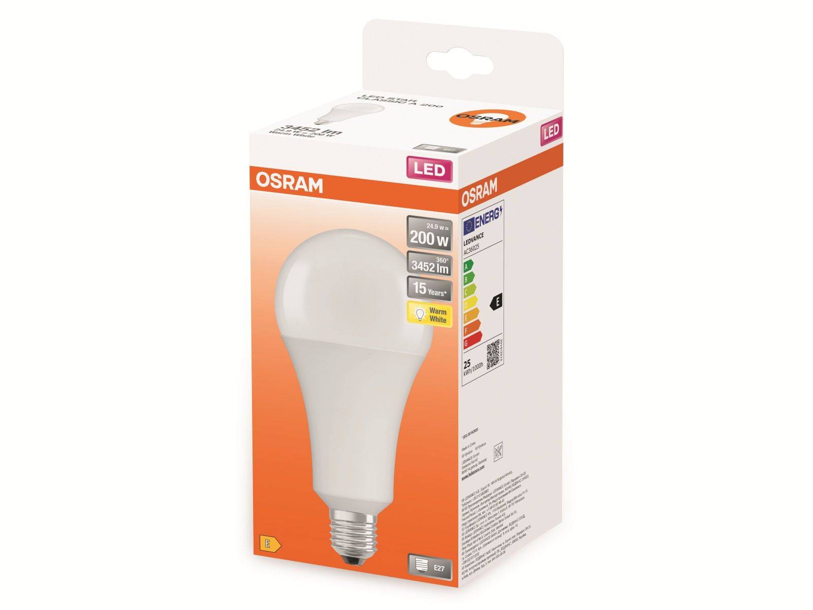 Osram LED Lampe ersetzt 200W E27 in Weiß 24,9W 3452lm 2700K 1er Pack