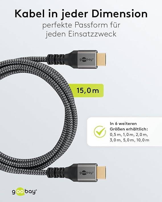 Goobay Plus 64998 Highspeed HDMI Kabel Ethernet UHD 4K @ 60Hz Monitorkabel 18 Gbits Textilkabel Shark Skin / Grau / 15m