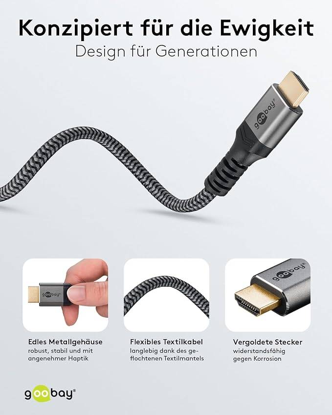 Goobay Plus 65262 Ultra Highspeed HDMI Kabel UHD 8K @ 60Hz Monitorkabel / 48 Gbits Textilkabel Shark Skin / Grau / 3m