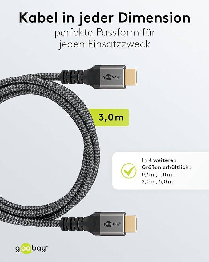 Goobay Plus 65262 Ultra Highspeed HDMI Kabel UHD 8K @ 60Hz Monitorkabel / 48 Gbits Textilkabel Shark Skin / Grau / 3m