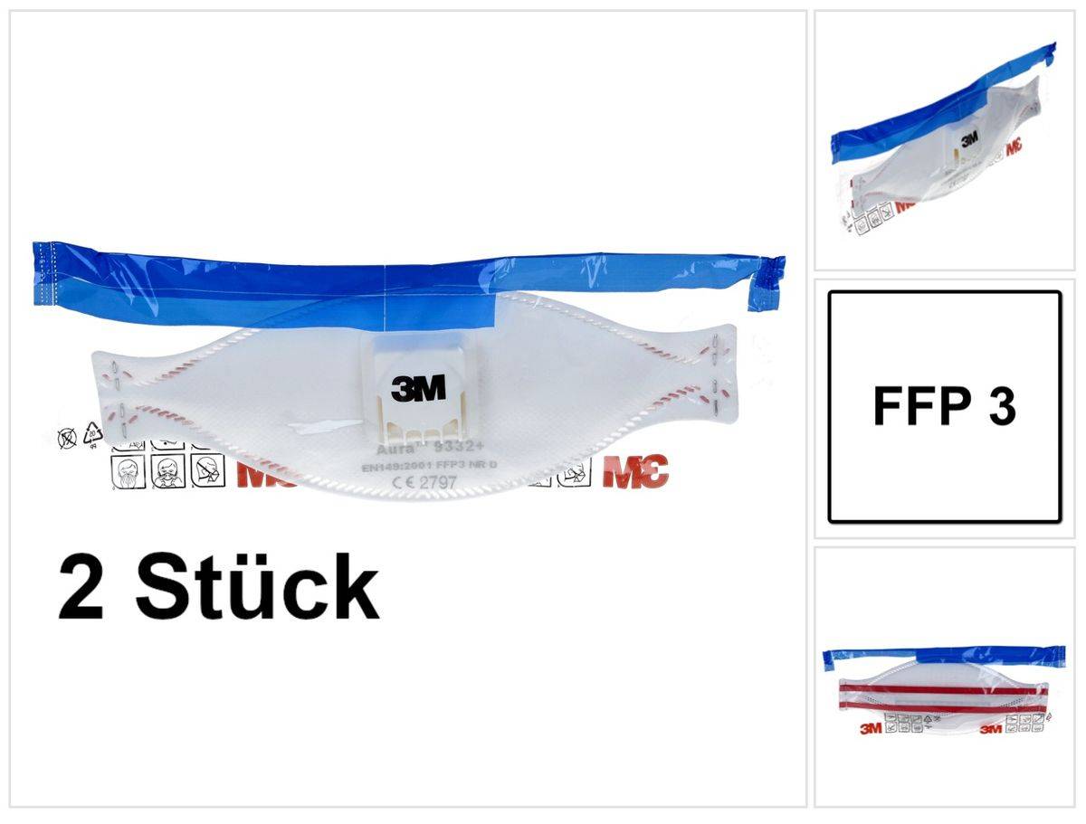 3M FFP3 Aura 9332+ Atemschutzmaske mit Ventil 2 Stück ( 7100139903 ) EN149:2001 FFP3 NR D für Dämmstoffe und Hartholz