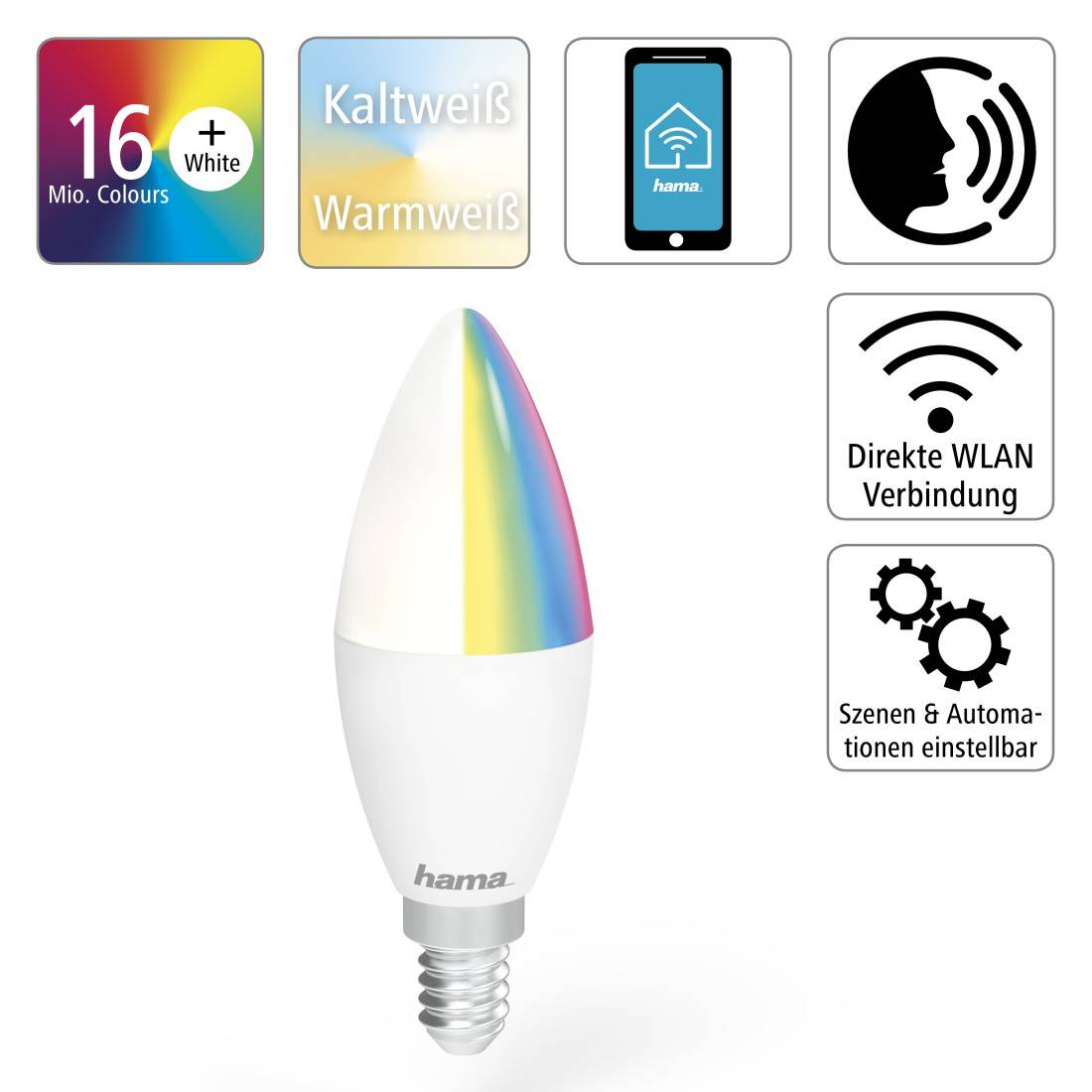 hama 00176599 WLAN-LED-Lampe, E14, 5,5W, RGBW, dimmbar, Kerze, für Sprach-/App-Steuerung