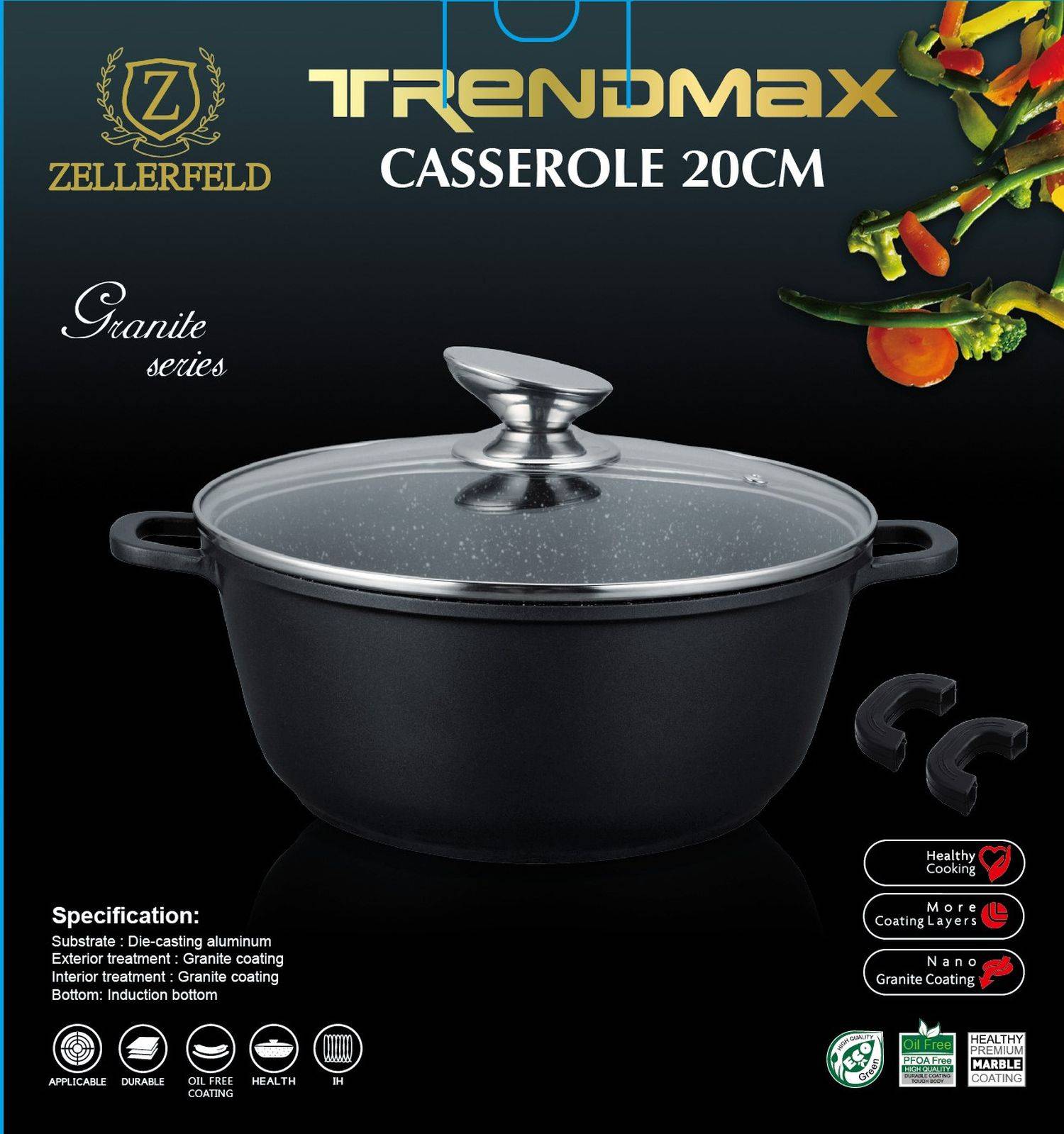 Trendmax Kochtopf Kasserolle Kochgeschirr mit Antihaftbeschichtung Induktion schwarz 20 cm