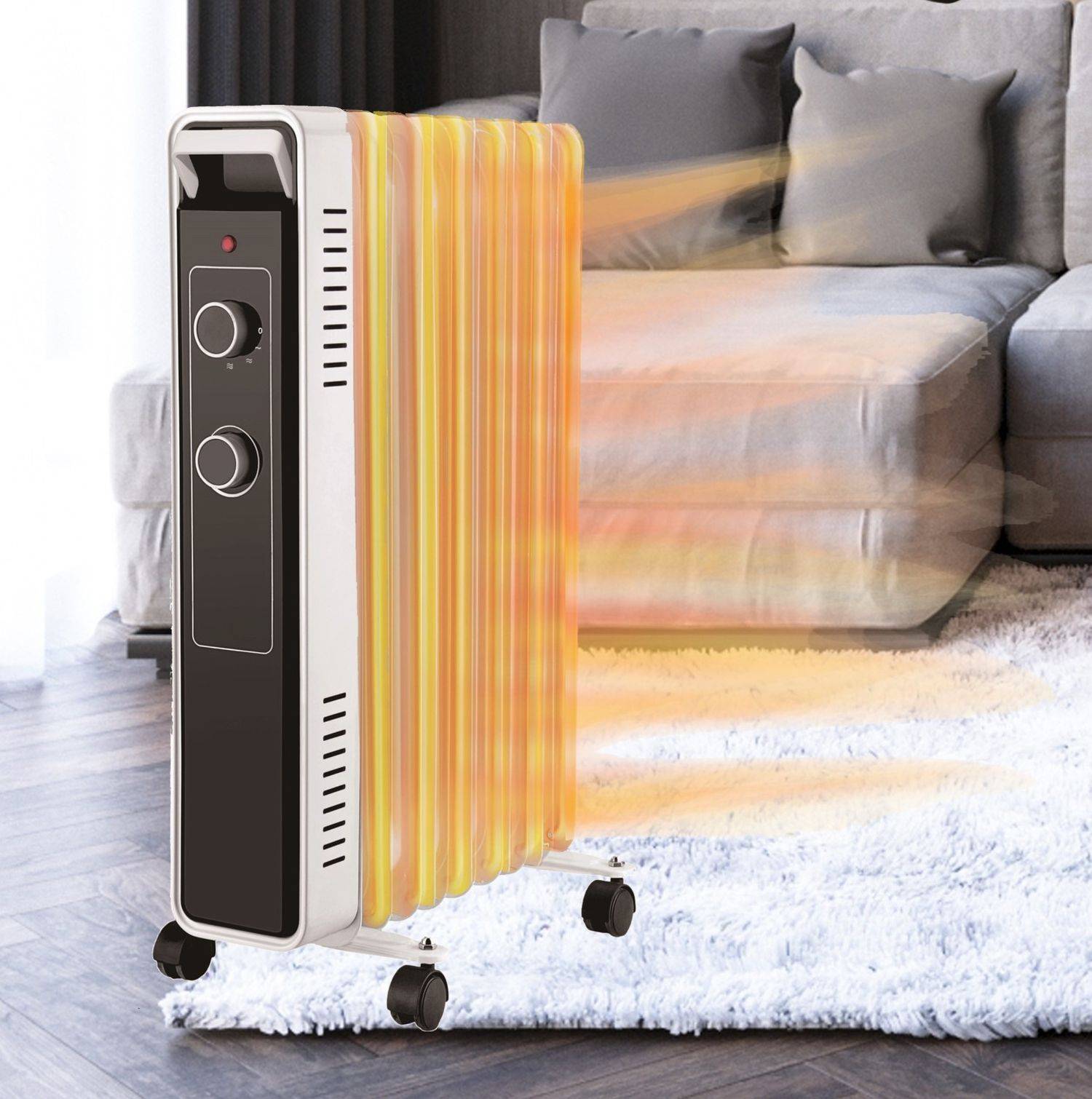 Elektroheizung 2000 W Wärmeverteiler mit 3 Heizstufen und einstellbarem Thermostat 9 Rippen Weiß