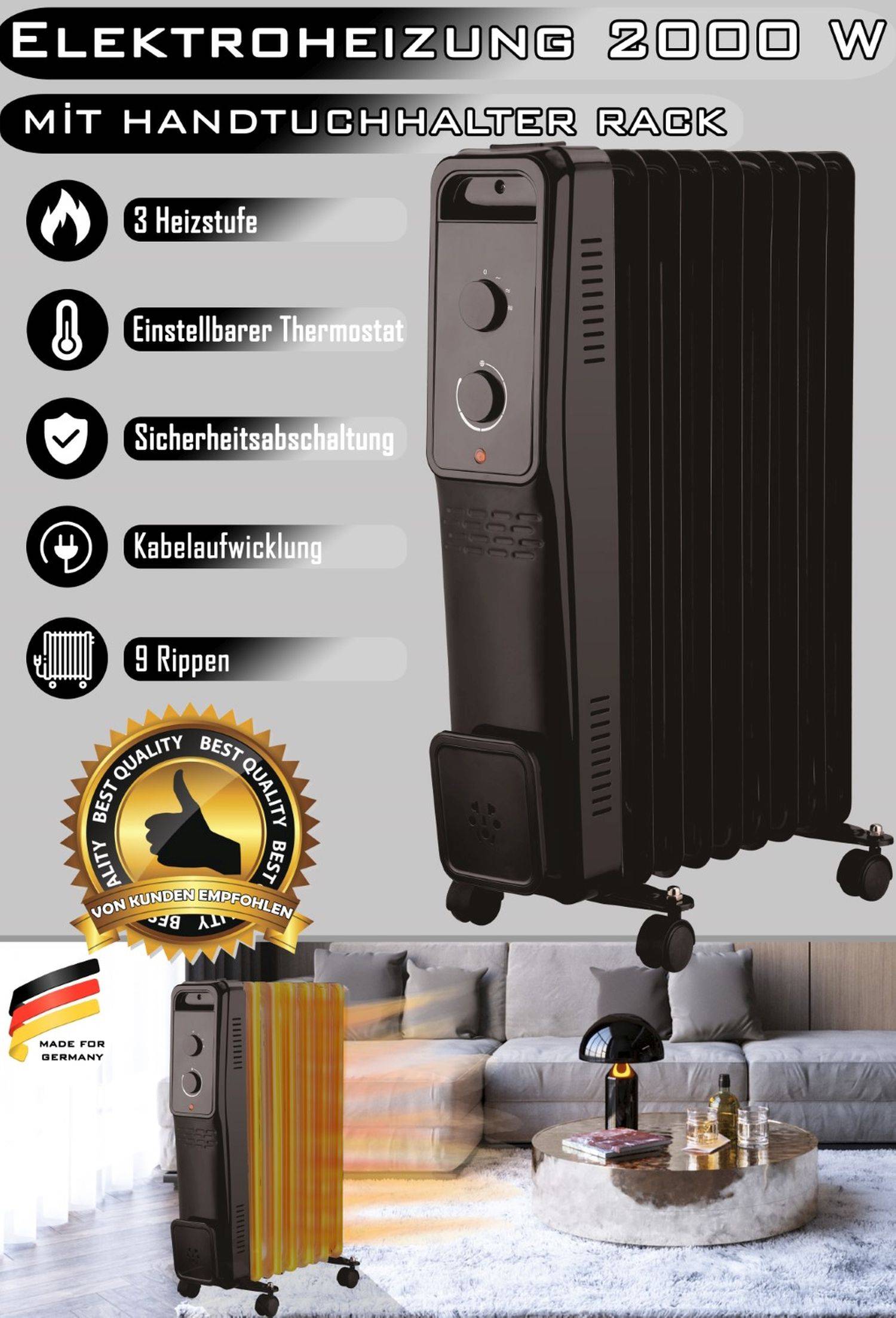 Elektroheizung 2000 W Wärmeverteiler mit 3 Heizstufen und einstellbarem Thermostat 9 Rippen Schwarz