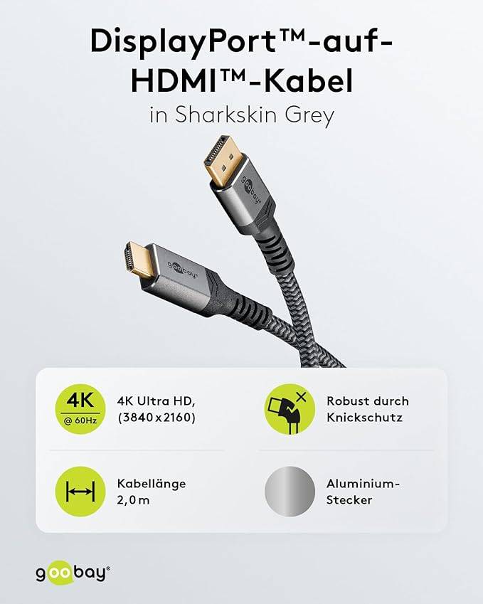 Goobay 65269, 2 m, DisplayPort, HDMI, Männlich, Männlich, Grau