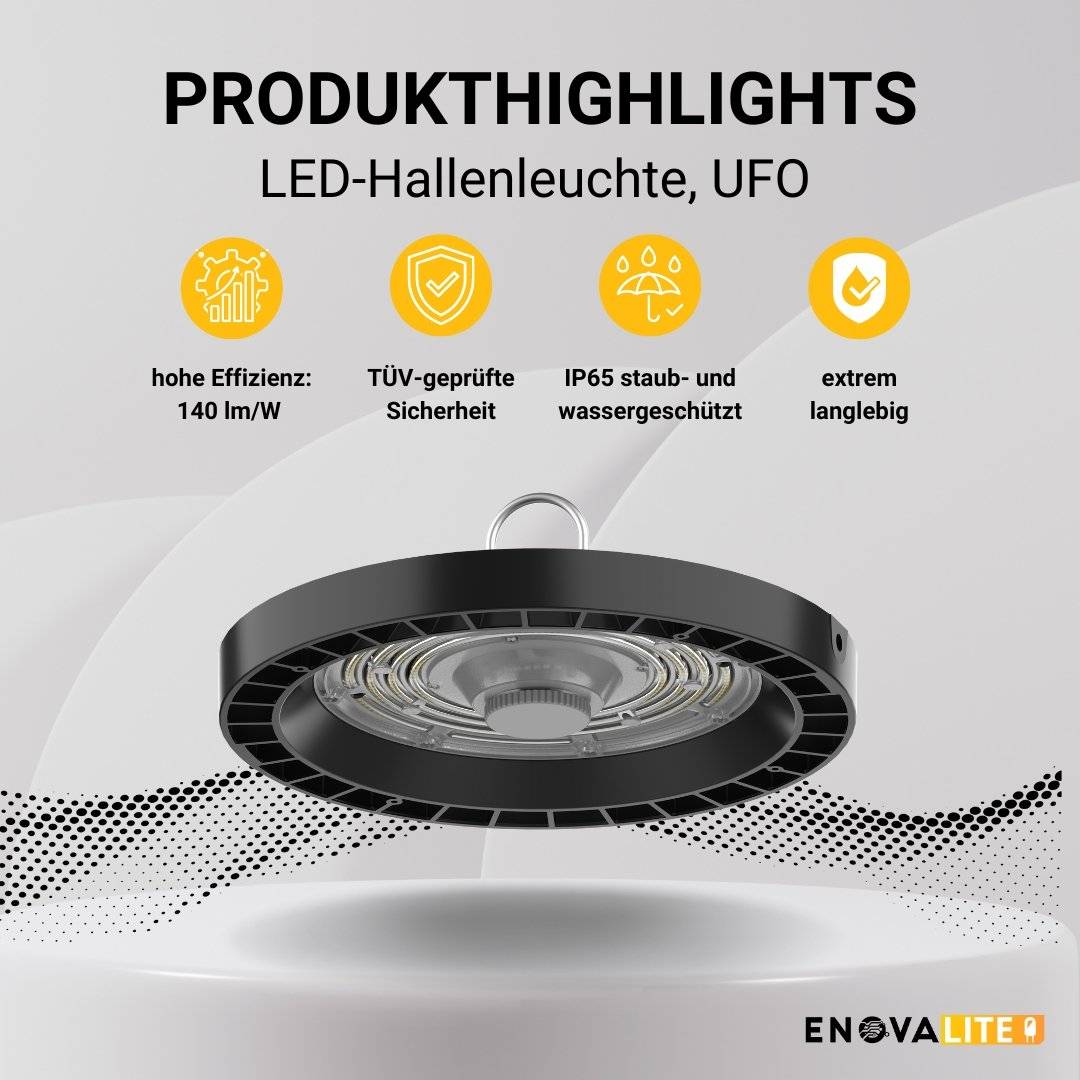 Enovalite ELED500110 - LED Hallenleuchte, HighBay, UFO, 100W, 14000 lm, 4000K neutralweiß, IP65, TÜV, LIFUD