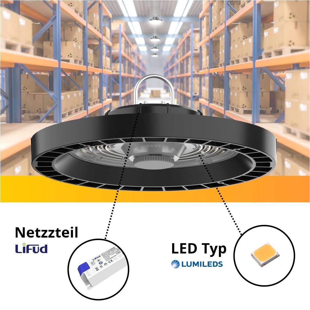 Enovalite ELED500110 - LED Hallenleuchte, HighBay, UFO, 100W, 14000 lm, 4000K neutralweiß, IP65, TÜV, LIFUD
