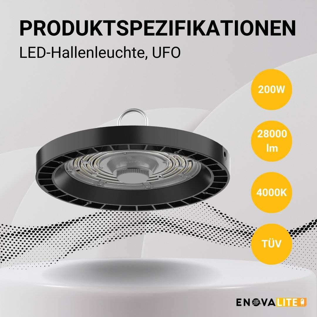 Enovalite ELED500112 - LED Hallenleuchte, HighBay, UFO, 200W, 28000 lm, 4000K neutralweiß, IP65, TÜV, LIFUD
