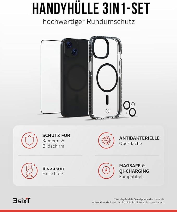 3sixT 65918 iPhone 15 Plus Hülle mit Displayschutz & Kameraschutz / Handyhülle Panzerglas stoßfest / Case 3er Set