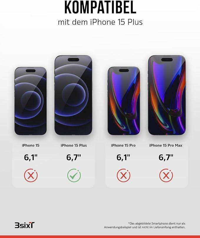 3sixT 65918 iPhone 15 Plus Hülle mit Displayschutz & Kameraschutz / Handyhülle Panzerglas stoßfest / Case 3er Set
