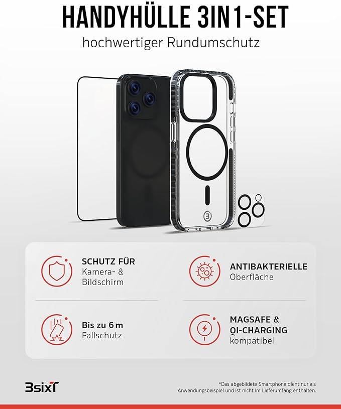 3sixT 65920 iPhone 15 Pro Max Hülle mit Displayschutz & Kameraschutz / Handyhülle Panzerglas stoßfest Case 3er Set