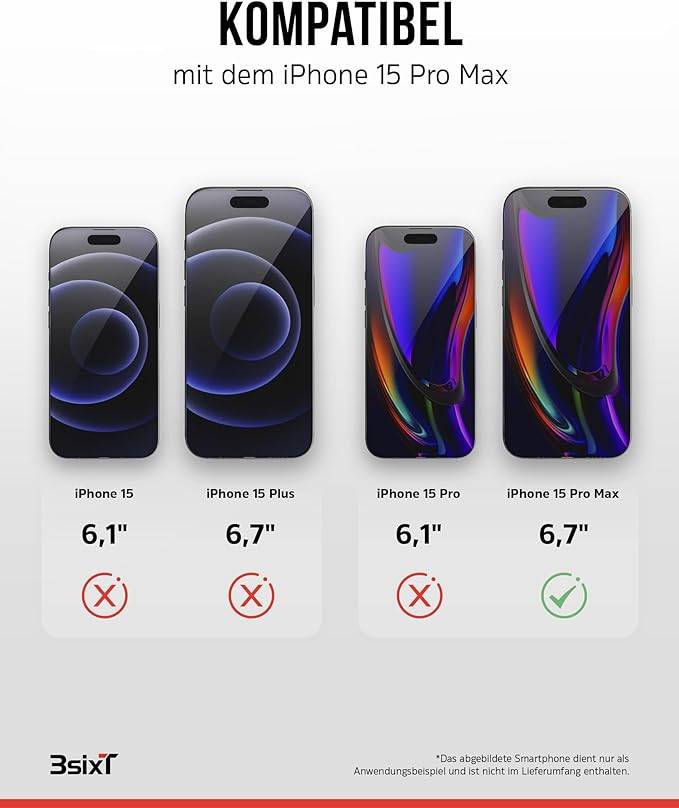 3sixT 65920 iPhone 15 Pro Max Hülle mit Displayschutz & Kameraschutz / Handyhülle Panzerglas stoßfest Case 3er Set