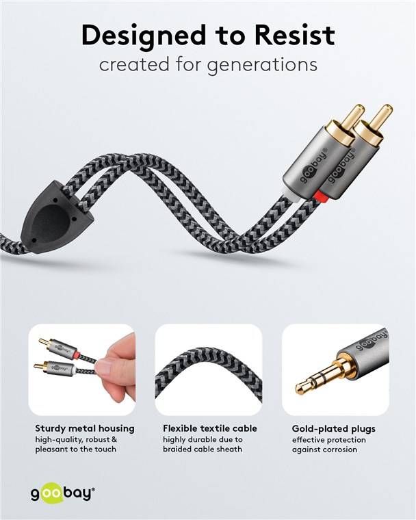 Goobay Plus 65288 AUX auf Cinch Adapterkabel / 3,5 mm Klinkenstecker / Y Cinchkabel Textilkabel Shark Skin / Grau / 2m