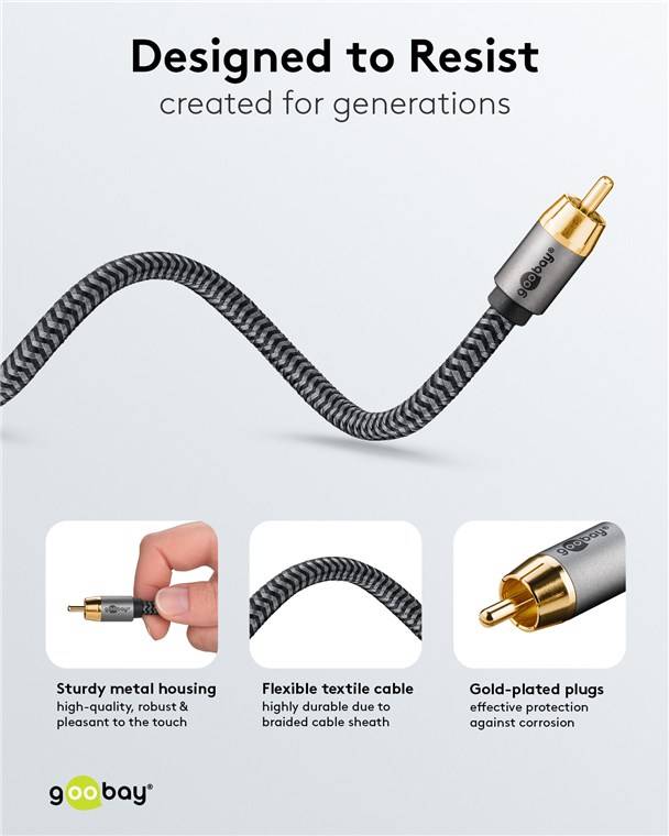 Goobay Plus 65298 Mono Cinchkabel 1x Cinch-Stecker auf 1x Cinchstecker / Audiokabel Textilkabel Shark Skin / Grau / 5m