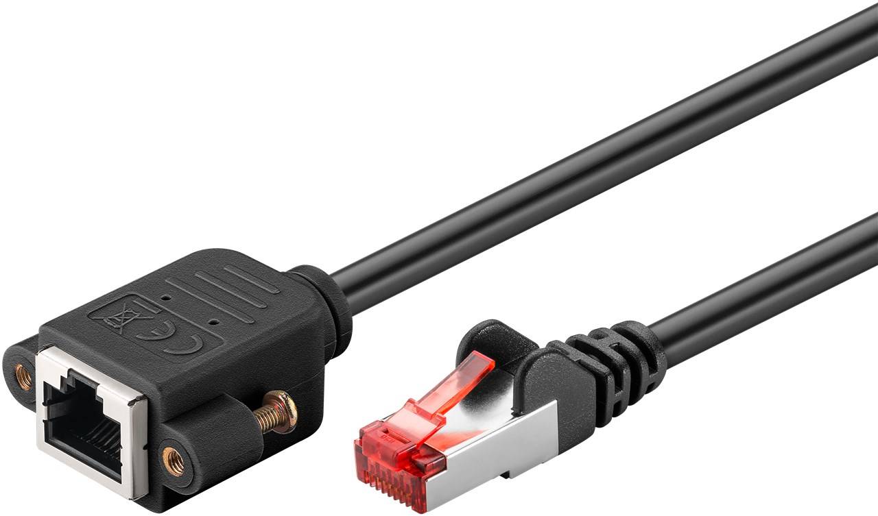 Goobay 65638 CAT 6 Verlängerungskabel / RJ45 Stecker / 250 MHz / Flansch Patchkabel / Netzwerkkabel S/FTP / Schwarz / 2m
