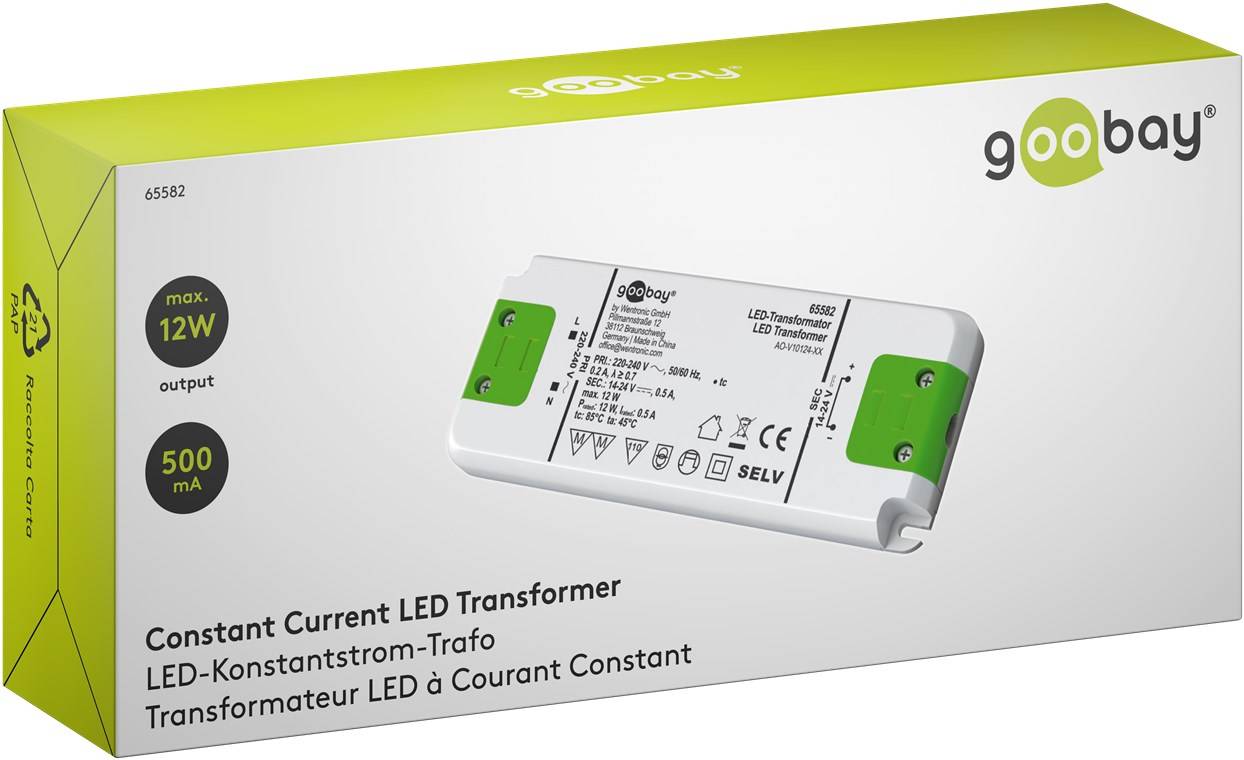 Goobay 65582 LED Trafo Konstantstrom 500 mA 12W Gesamtlast / LED Treiber 24V Beleuchtung / LED Driver / Transformator