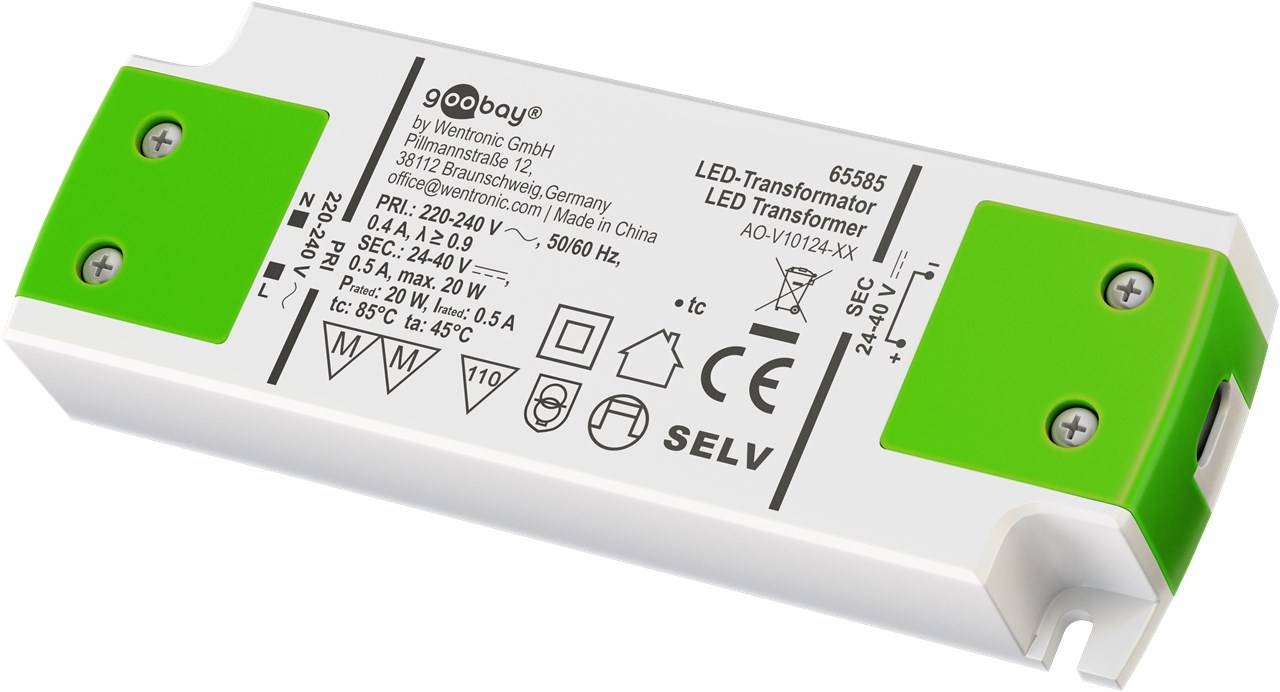 Goobay 65585 LED Trafo Konstantstrom 500 mA 20W Gesamtlast / LED Treiber 40V Beleuchtung / LED Driver / Transformator
