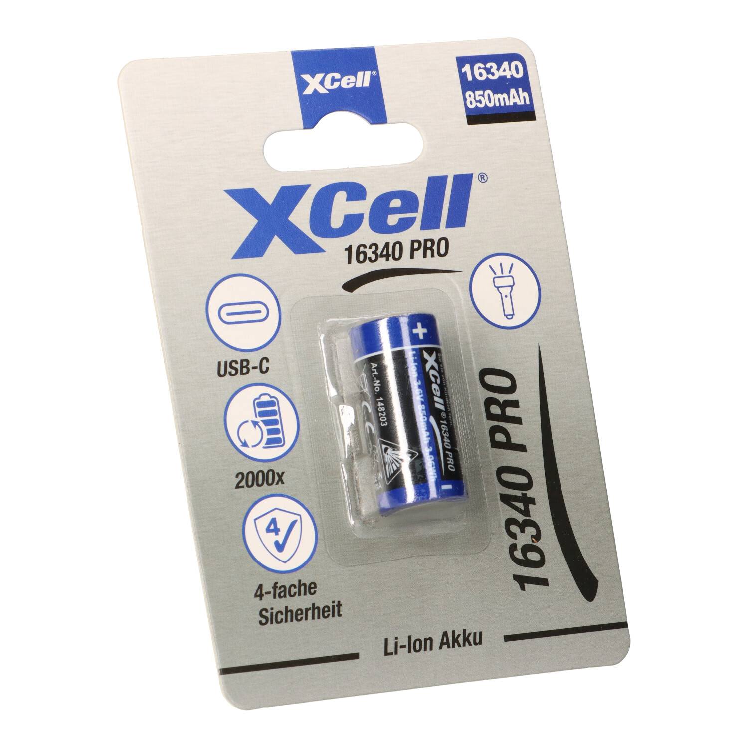 XCell 16340 Pro Li-Ion Akku 3,6V 850mAh USB-C – CR123A-Format