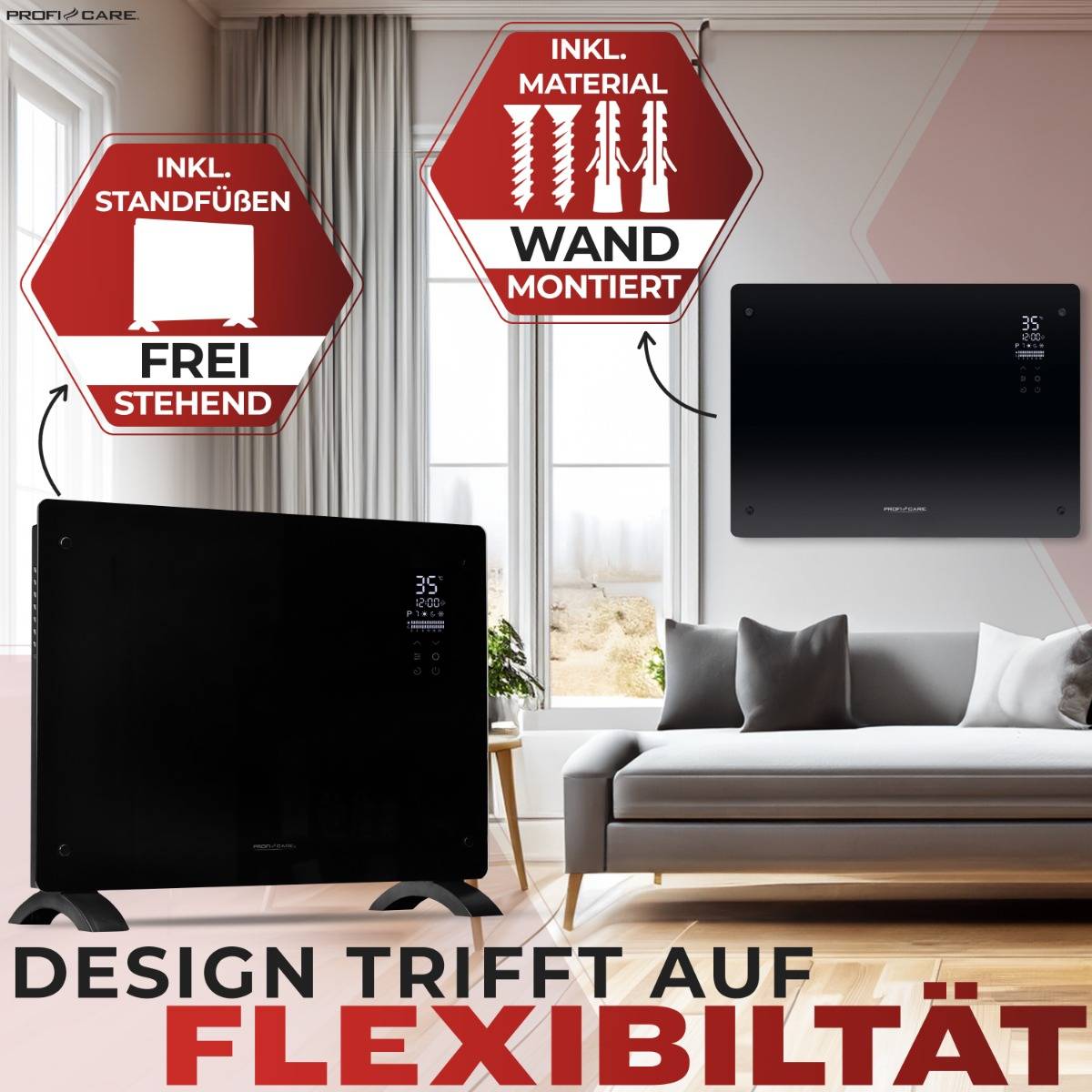 Clatronic ProfiCare PC-GKH 3118, Elektrischer Quarz-Raumheizer, Quarzglas, 24 h, Drinnen, Flur, Schwarz