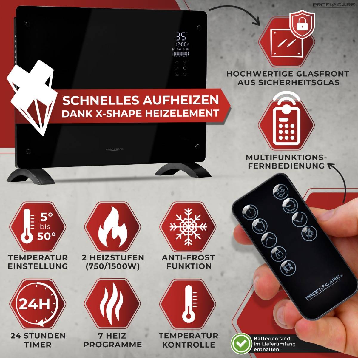 Clatronic ProfiCare PC-GKH 3118, Elektrischer Quarz-Raumheizer, Quarzglas, 24 h, Drinnen, Flur, Schwarz