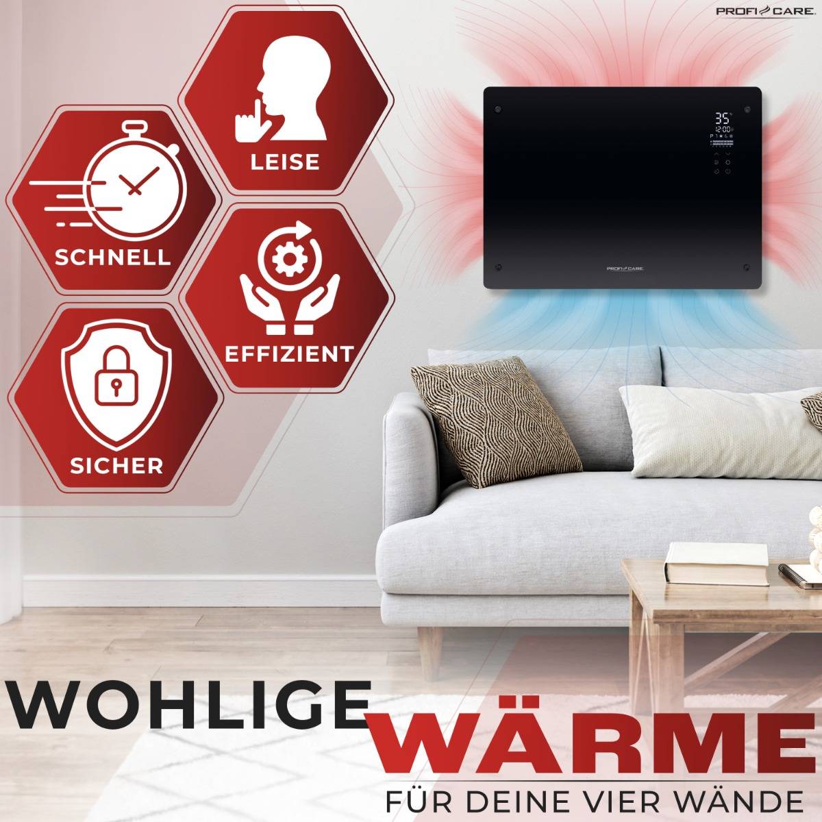 Clatronic ProfiCare PC-GKH 3118, Elektrischer Quarz-Raumheizer, Quarzglas, 24 h, Drinnen, Flur, Schwarz