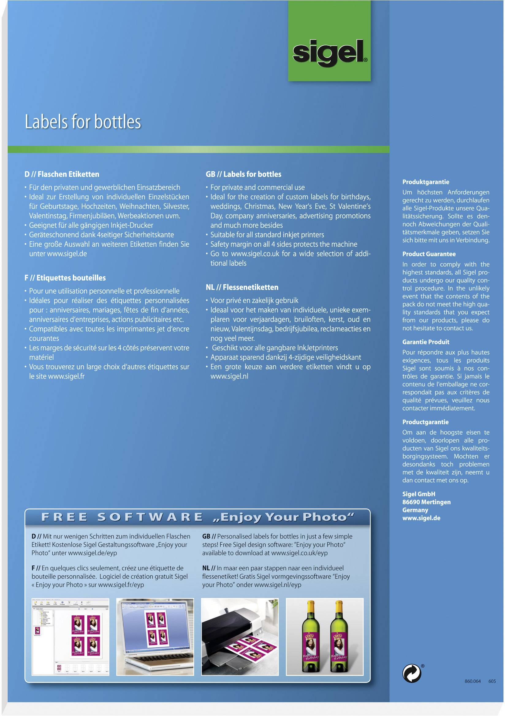 Sigel DE160 Flaschenetiketten 80 x 120mm Papier Weiß 20 St. Permanent haftend Tintenstrahldrucker