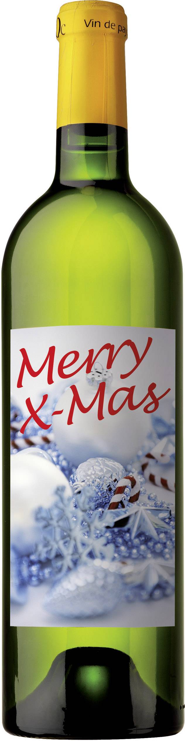 Weinflasche mit gelbem Hals, Etikett zeigt winterliche Dekoration und den Text 'Merry X-Mas'.