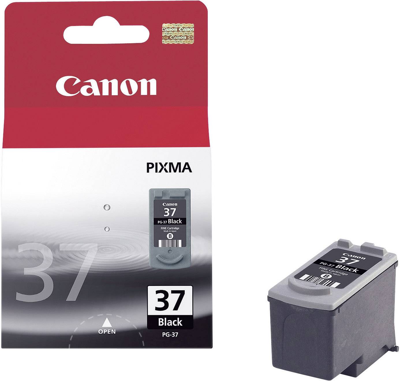 Canon PIXMA PG-37 schwarze Tintenpatrone, Verpackung und Patrone abgebildet. Geeignet für bestimmte PIXMA-Drucker.
