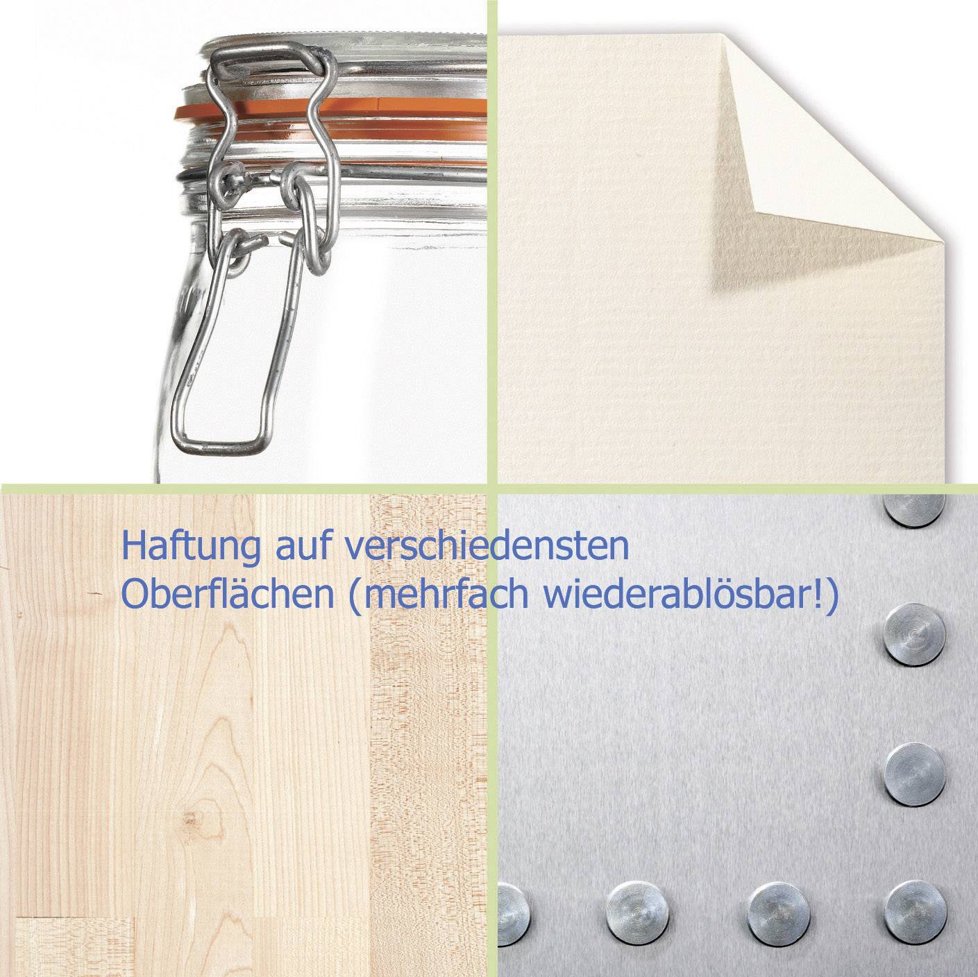 Ein Glasbehälter, ein Stück Papier, Holz und Metalloberfläche mit Magneten. Text: 'Haftung auf verschiedenen Oberflächen (mehrfach wiederablösbar!)'.