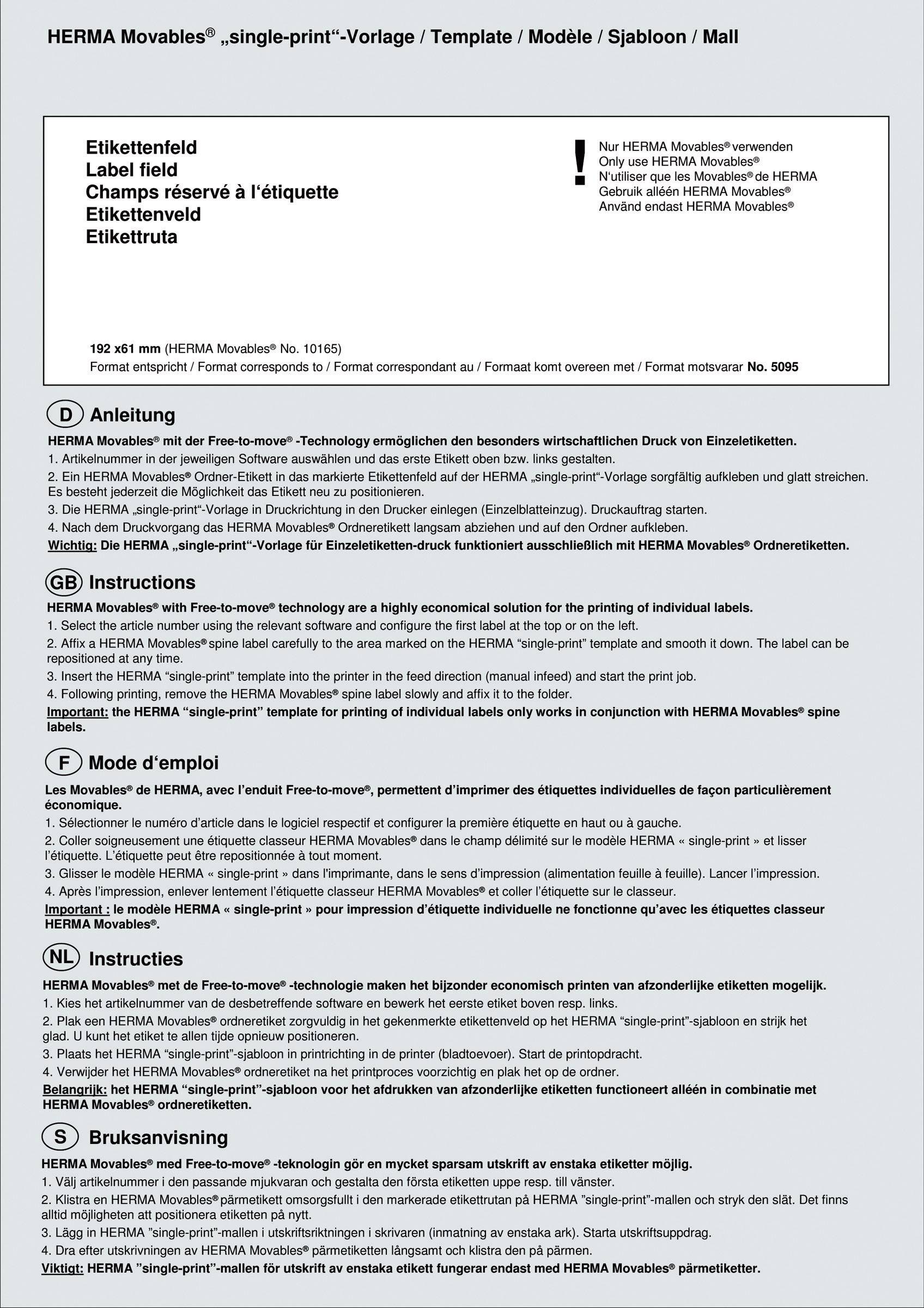 Etikettenfeld und Anweisungen zur Verwendung der HERMA Movables Etiketten. Enthält Details zur fortschrittlichen Klebetechnologie.