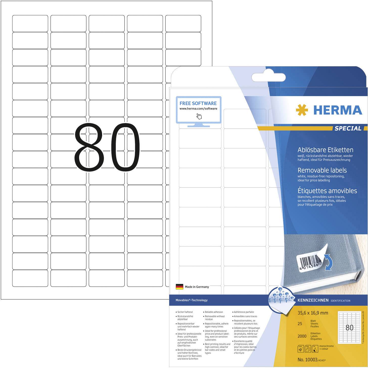 Herma 10003 Universal-Etiketten 35.6 x 16.9 mm Papier Weiß 2000 St. Wiederablösbar Tintenstrahldrucker, Laserdrucker, Farblaserdrucker, Kopierer, Fa