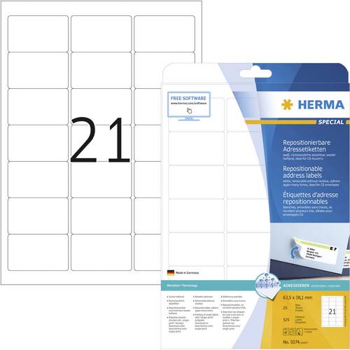 Herma 5074 Adress-Etiketten 63.5 x 38.1 mm Papier Weiß 525 St. Wiederablösbar Tintenstrahldrucker