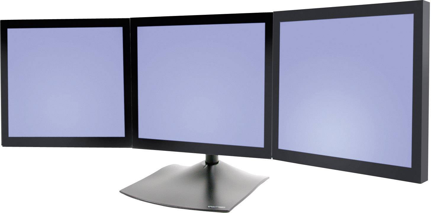 Drei nebeneinander stehende Computermonitore mit schwarzem Rahmen zeigen leere blaue Bildschirme.