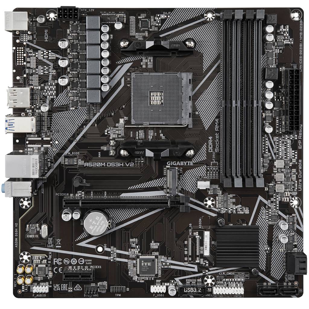 Gigabyte A520M DS3H V2 Mainboard - Unterstützt AMD Ryzen 5000 Serie AM4 CPUs - bis zu 4733 MHz DDR4 (OC) - PCIe 3.0 x16 - GbE LAN - USB 3.2 Gen 1
